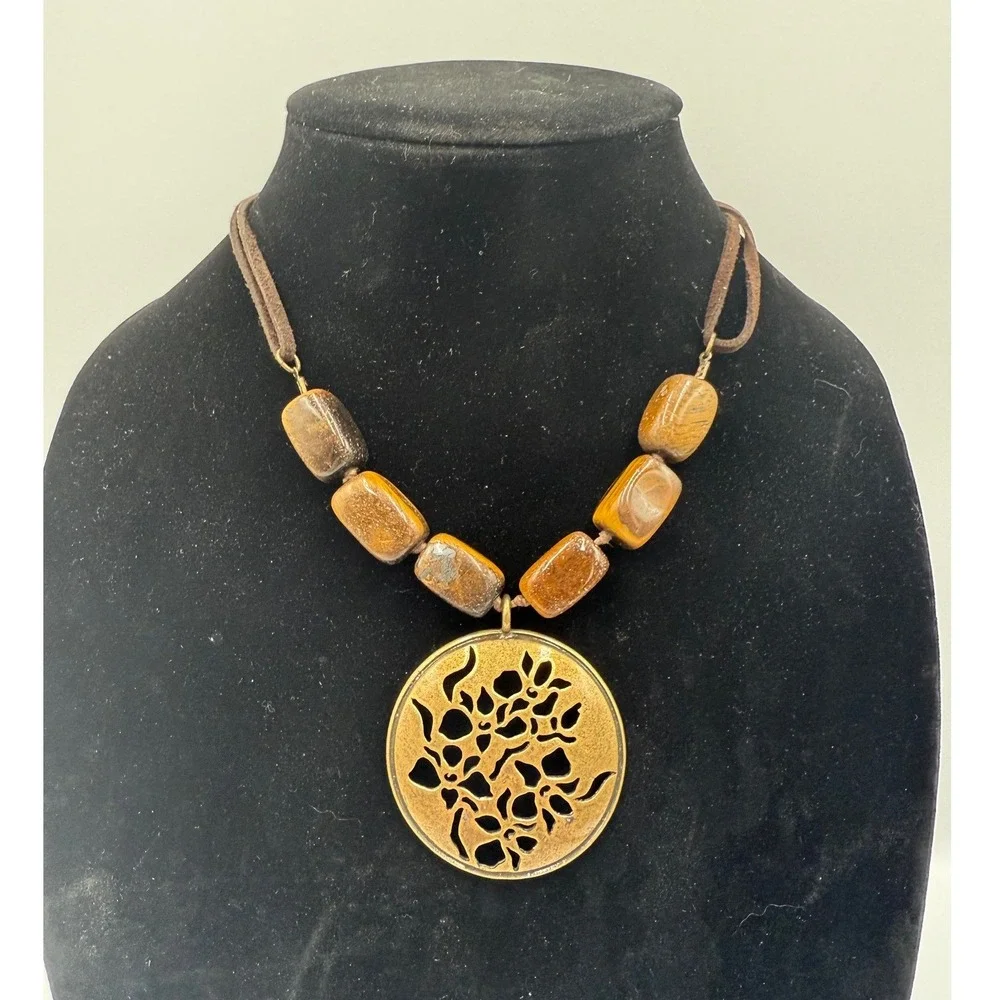 Avon Vintage Bronze Floral Medallion Tiger Eye Bead Suede Cord Necklace Boho